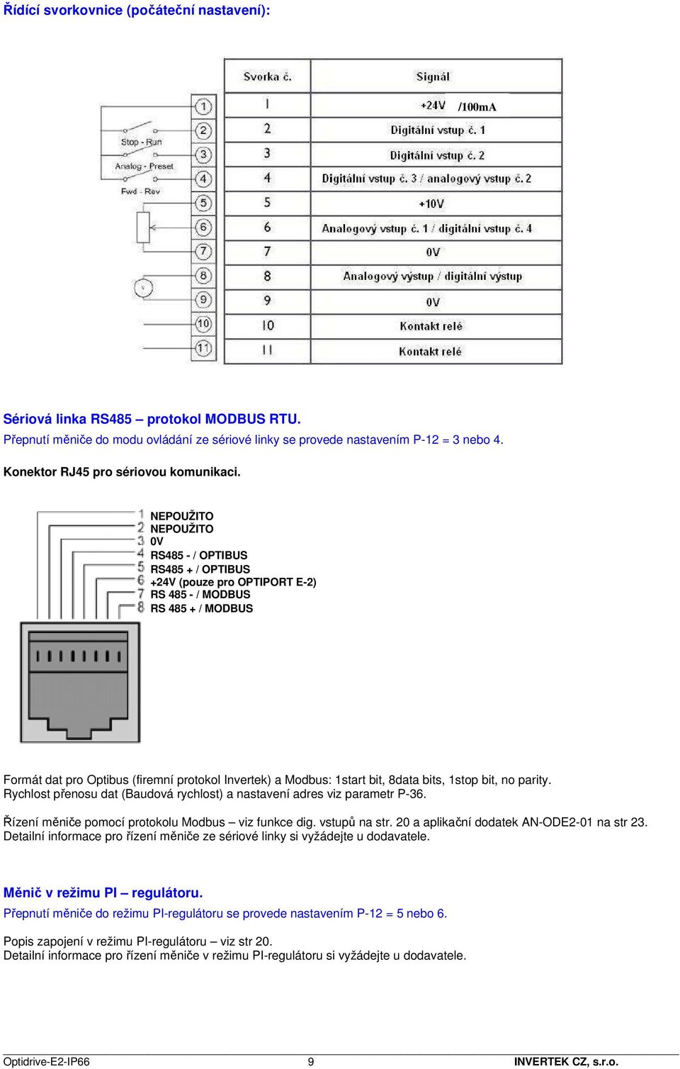 NEPOUŽITO NEPOUŽITO 0V RS485 - / OPTIBUS RS485 + / OPTIBUS +24V (pouze pro OPTIPORT E-2) RS 485 - / MODBUS RS 485 + / MODBUS Formát dat pro Optibus (firemní protokol Invertek) a Modbus: 1start bit,