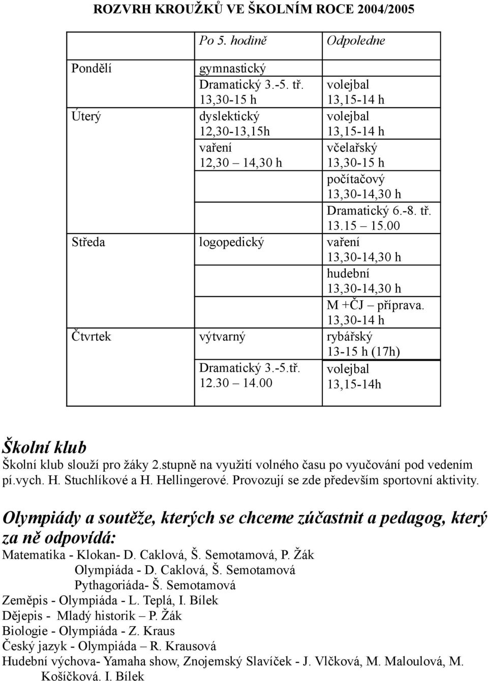 00 Středa logopedický vaření 13,30-14,30 h hudební 13,30-14,30 h M +ČJ příprava. 13,30-14 h Čtvrtek výtvarný rybářský 13-15 h (17h) Dramatický 3.-5.tř. 12.30 14.