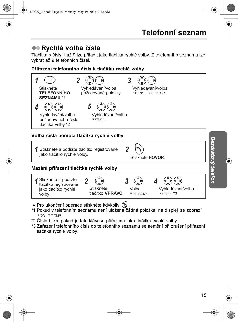 5 "YES". "HOT KEY REG". Volba čísla pomocí tlačítka rychlé volby 2 a podržte tlačítko registrované jako tlačítko rychlé volby. Mazání přiřazení tlačítka rychlé volby HOVOR.