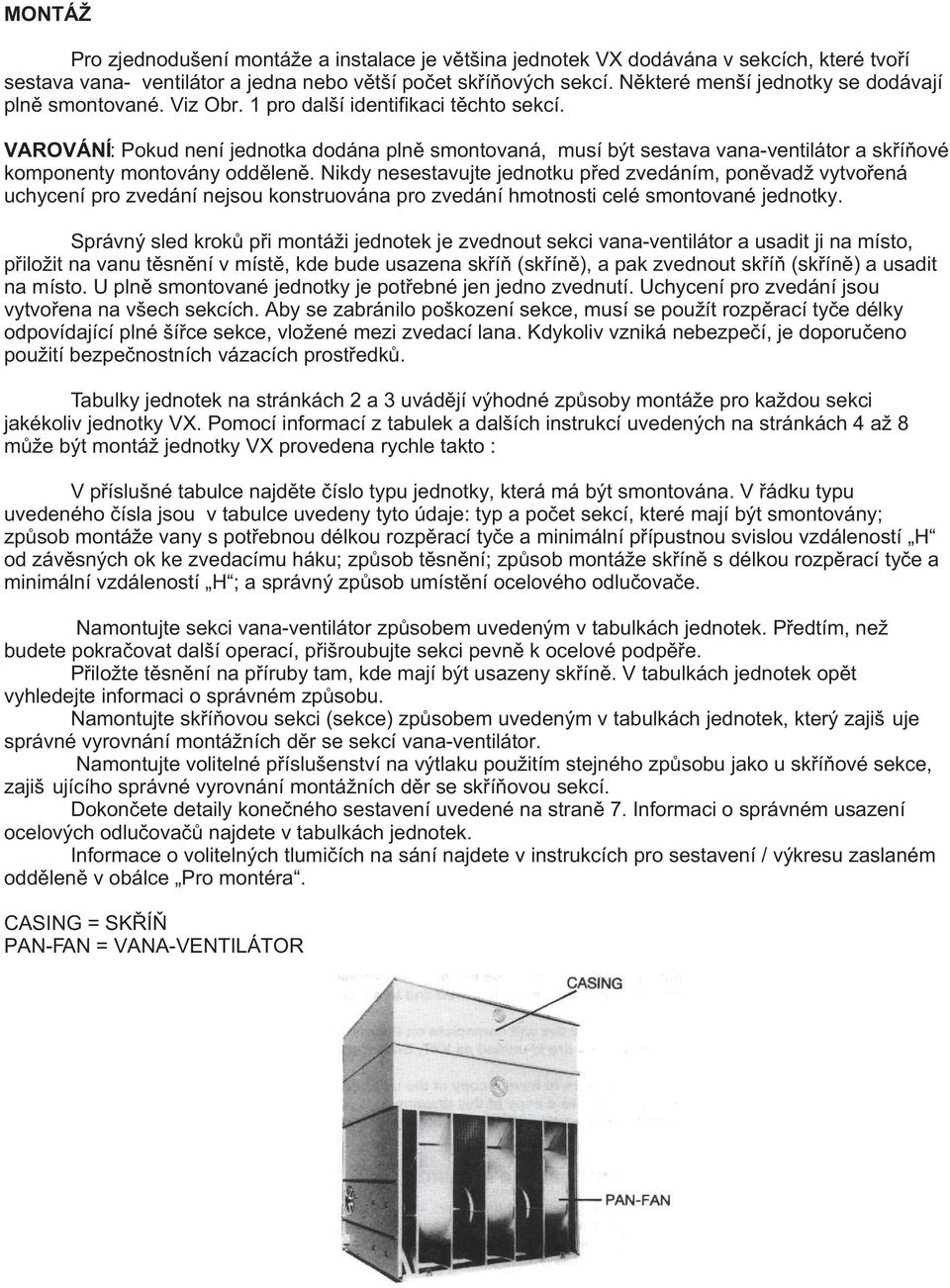 VAROVÁNÍ: Pokud není jednotka dodána plnì smontovaná, musí být sestava vana-ventilátor a skøíòové komponenty montovány oddìlenì.