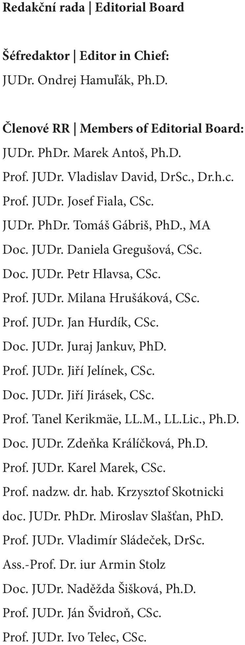 Doc. JUDr. Jiří Jirásek, CSc. Prof. Tanel Kerikmäe, LL.M., LL.Lic., Ph.D. Doc. JUDr. Zdeňka Králíčková, Ph.D. Prof. JUDr. Karel Marek, CSc. Prof. nadzw. dr. hab. Krzysztof Skotnicki doc. JUDr. PhDr.