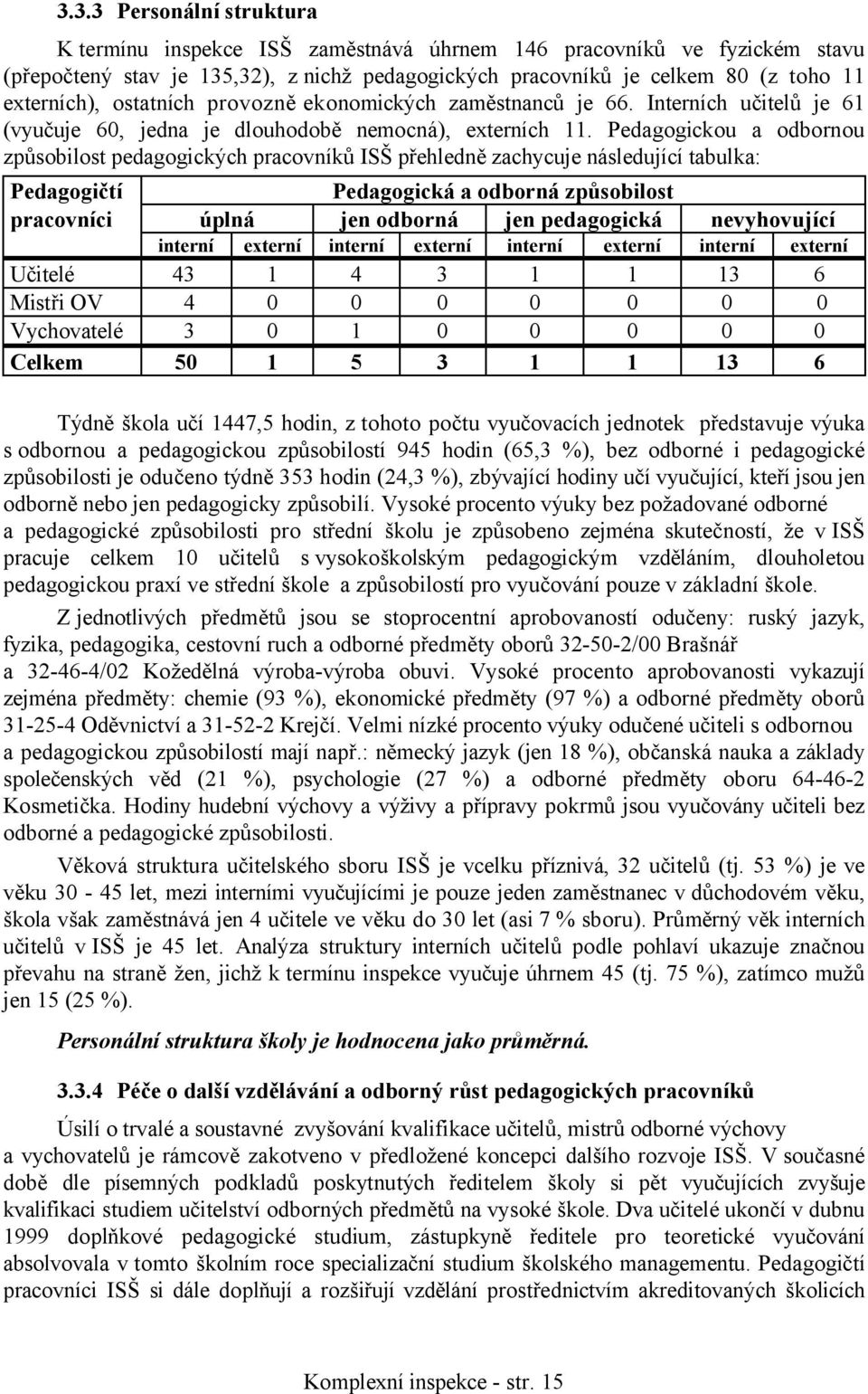 Pedagogickou a odbornou způsobilost pedagogických pracovníků ISŠ přehledně zachycuje následující tabulka: Pedagogičtí Pedagogická a odborná způsobilost pracovníci úplná jen odborná jen pedagogická