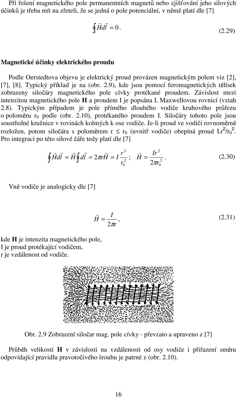 9), kde jsou pomocí feomagnetických tělísek zobazeny siločáy magnetického pole cívky potékané poudem. Závislost mezi intenzitou magnetického pole H a poudem I je popsána I.