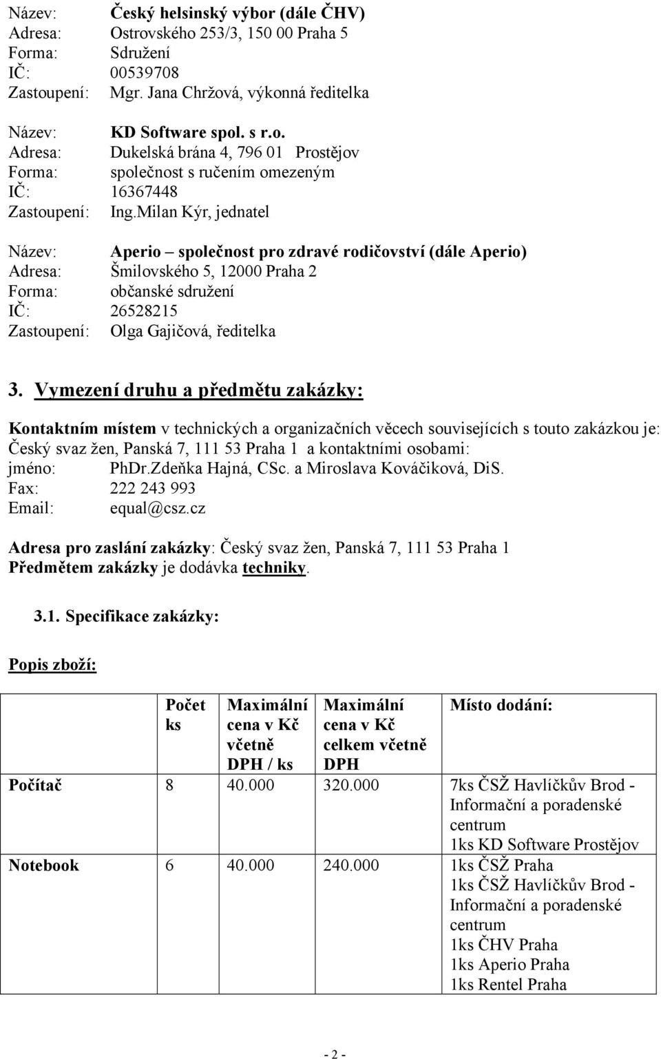 Vymezení druhu a předmětu zakázky: Kontaktním místem v technických a organizačních věcech souvisejících s touto zakázkou je: Český svaz žen, Panská 7, 111 53 Praha 1 a kontaktními osobami: jméno: