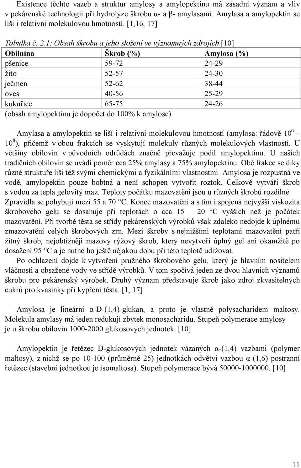 1: Obsah škrobu a jeho složení ve významných zdrojích [10] Obilnina Škrob (%) Amylosa (%) pšenice 59-72 24-29 žito 52-57 24-30 ječmen 52-62 38-44 oves 40-56 25-29 kukuřice 65-75 24-26 (obsah