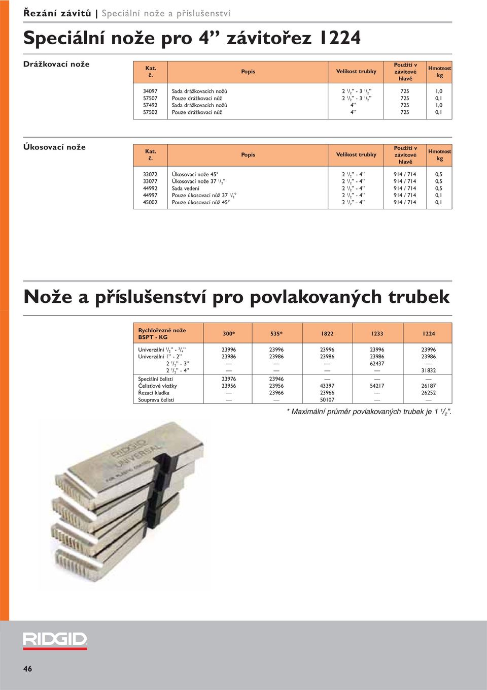 44 Pouze úkosovací nůž / 2 2 / 2-4 4 / 4 0, 4002 Pouze úkosovací nůž 4 2 / 2-4 4 / 4 0, Nože a příslušenství pro povlakovaných trubek Rychlořezné nože BSPT - KG 00* * 822 2 224 Univerzální / 2 - / 4