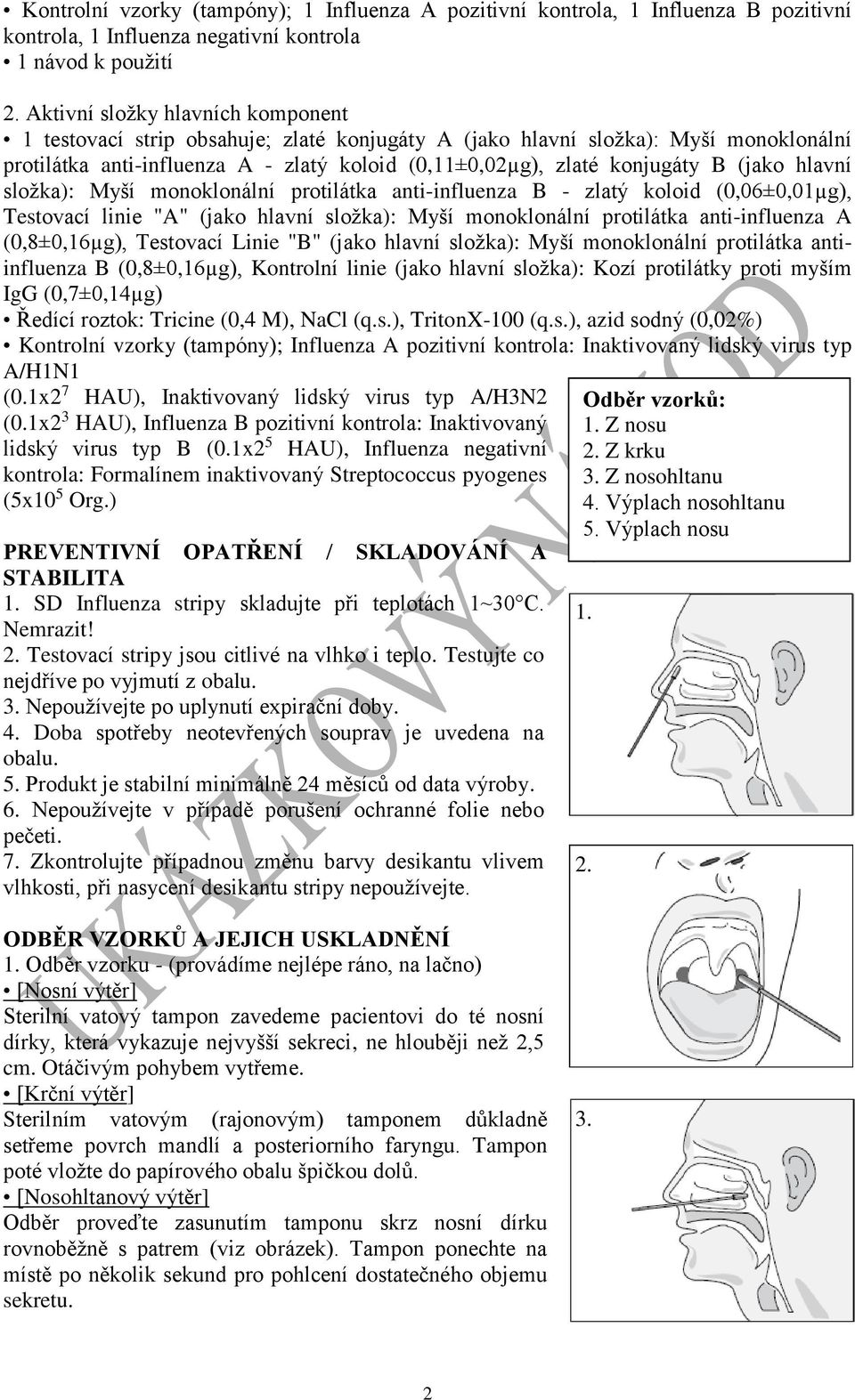 (jako hlavní složka): Myší monoklonální protilátka anti-influenza B - zlatý koloid (0,06±0,01µg), Testovací linie "A" (jako hlavní složka): Myší monoklonální protilátka anti-influenza A (0,8±0,16µg),