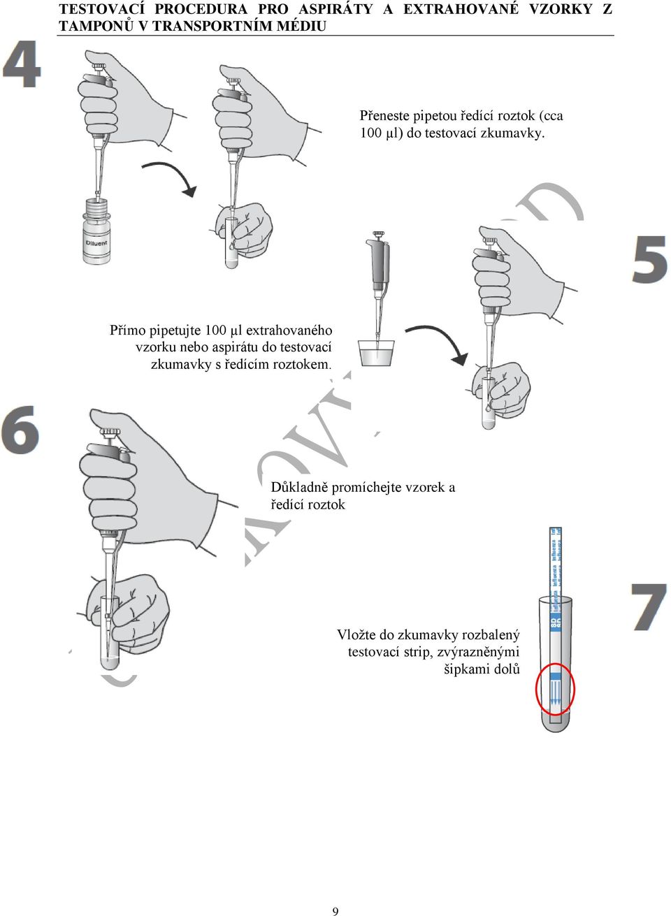 Přímo pipetujte 100 µl extrahovaného vzorku nebo aspirátu do testovací zkumavky s ředícím