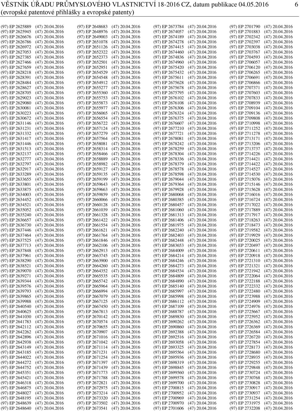 04.2016 (97) EP 2628391 (47) 20.04.2016 (97) EP 2628484 (47) 20.04.2016 (97) EP 2628627 (47) 20.04.2016 (97) EP 2628705 (47) 20.04.2016 (97) EP 2629023 (47) 20.04.2016 (97) EP 2629080 (47) 20.04.2016 (97) EP 2630081 (47) 20.