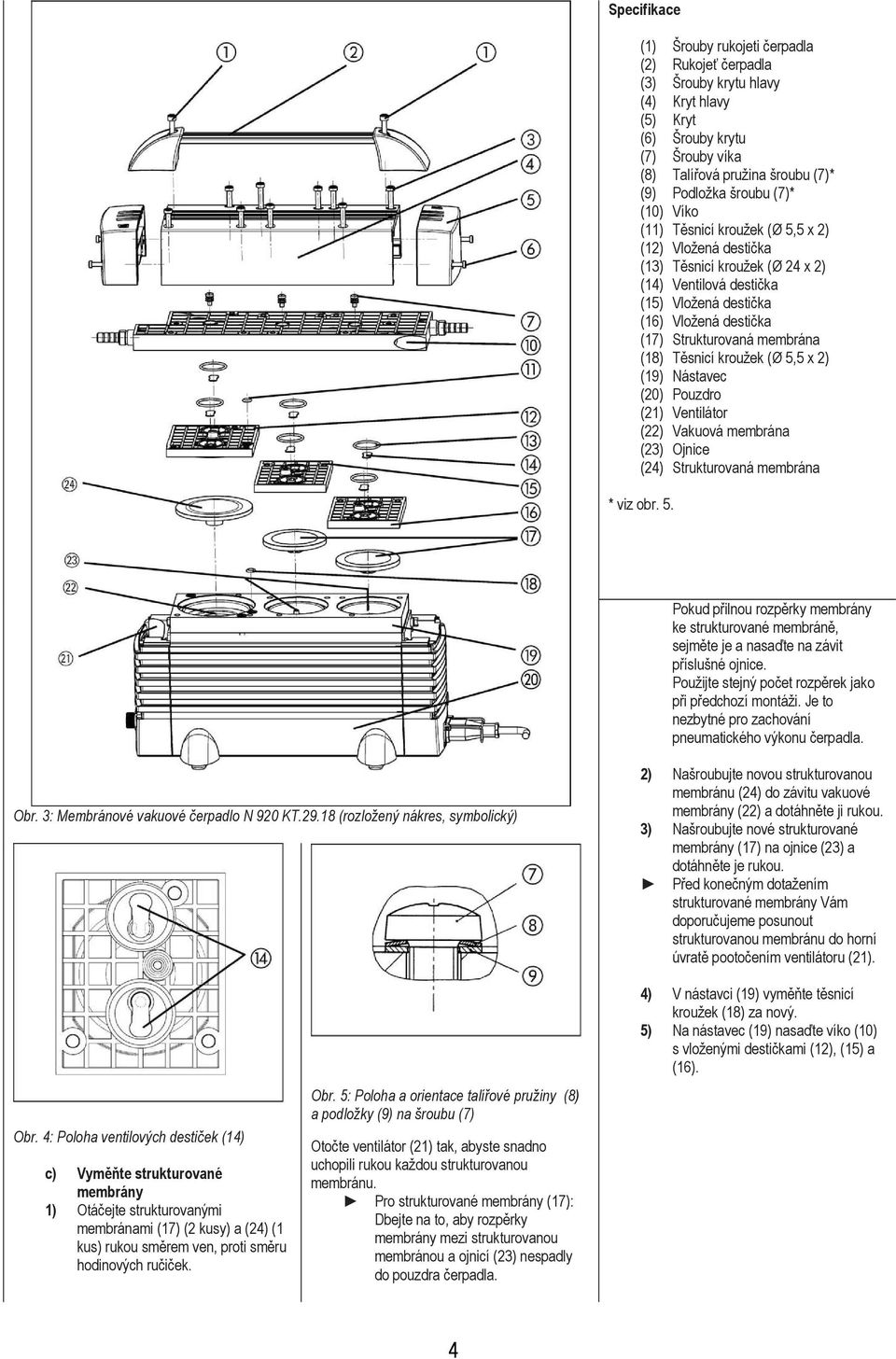 Těsnicí kroužek (Ø 5,5 x 2) (19) Nástavec (20) Pouzdro (21) Ventilátor (22) Vakuová membrána (23) Ojnice (24) Strukturovaná membrána * viz obr. 5. Pokud přilnou rozpěrky membrány ke strukturované membráně, sejměte je a nasaďte na závit příslušné ojnice.