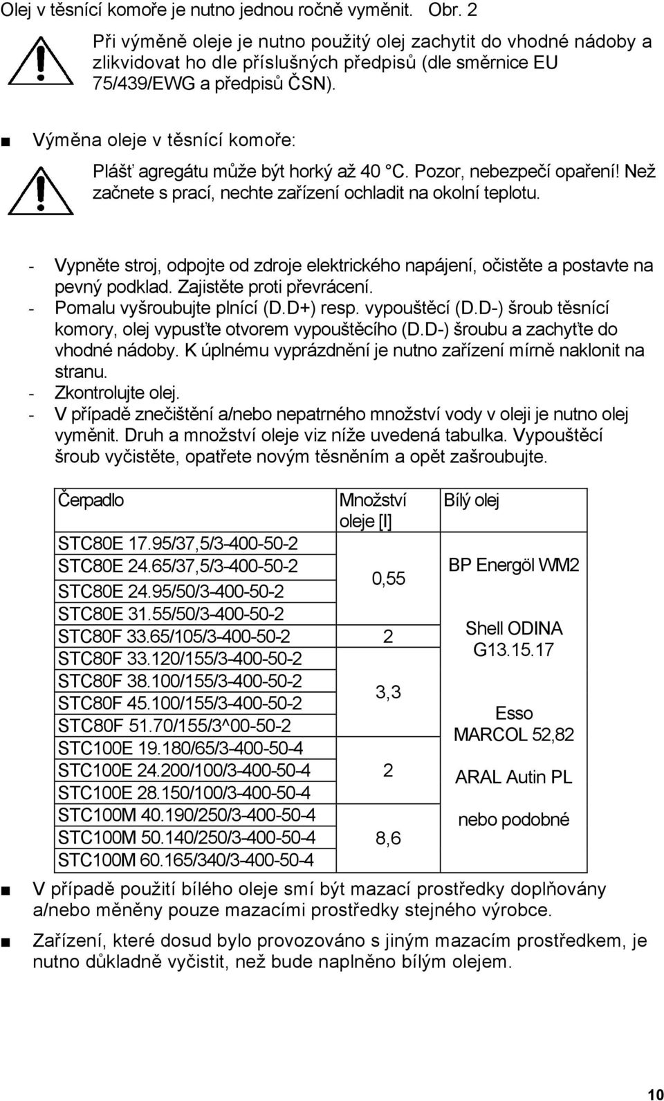 Výměna oleje v těsnící komoře: Plášť agregátu může být horký až 40 C. Pozor, nebezpečí opaření! Než začnete s prací, nechte zařízení ochladit na okolní teplotu.