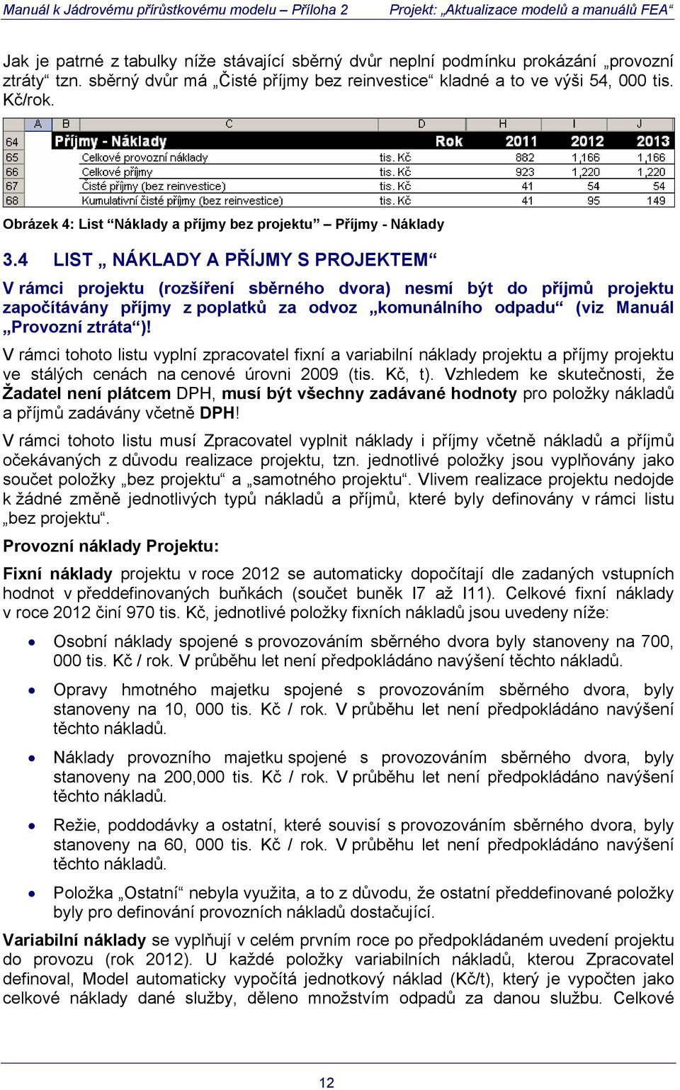 4 LIST NÁKLADY A PŘÍJMY S PROJEKTEM V rámci projektu (rozšíření sběrného dvora) nesmí být do příjmů projektu započítávány příjmy z poplatků za odvoz komunálního odpadu (viz Manuál Provozní ztráta )!