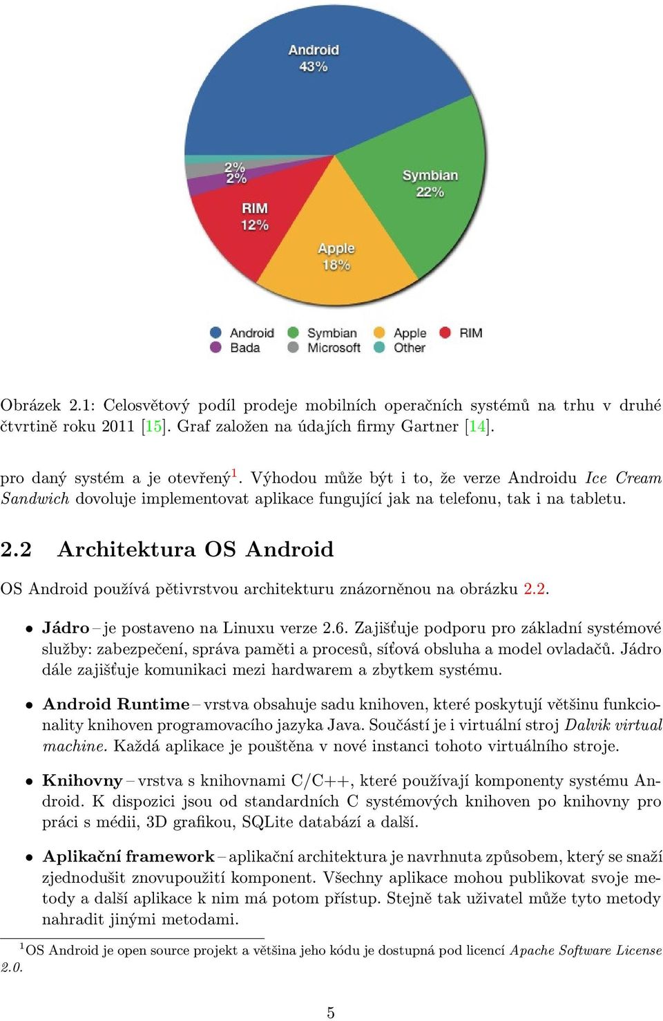 2 Architektura OS Android OS Android používá pětivrstvou architekturu znázorněnou na obrázku 2.2. 2.0. Jádro je postaveno na Linuxu verze 2.6.