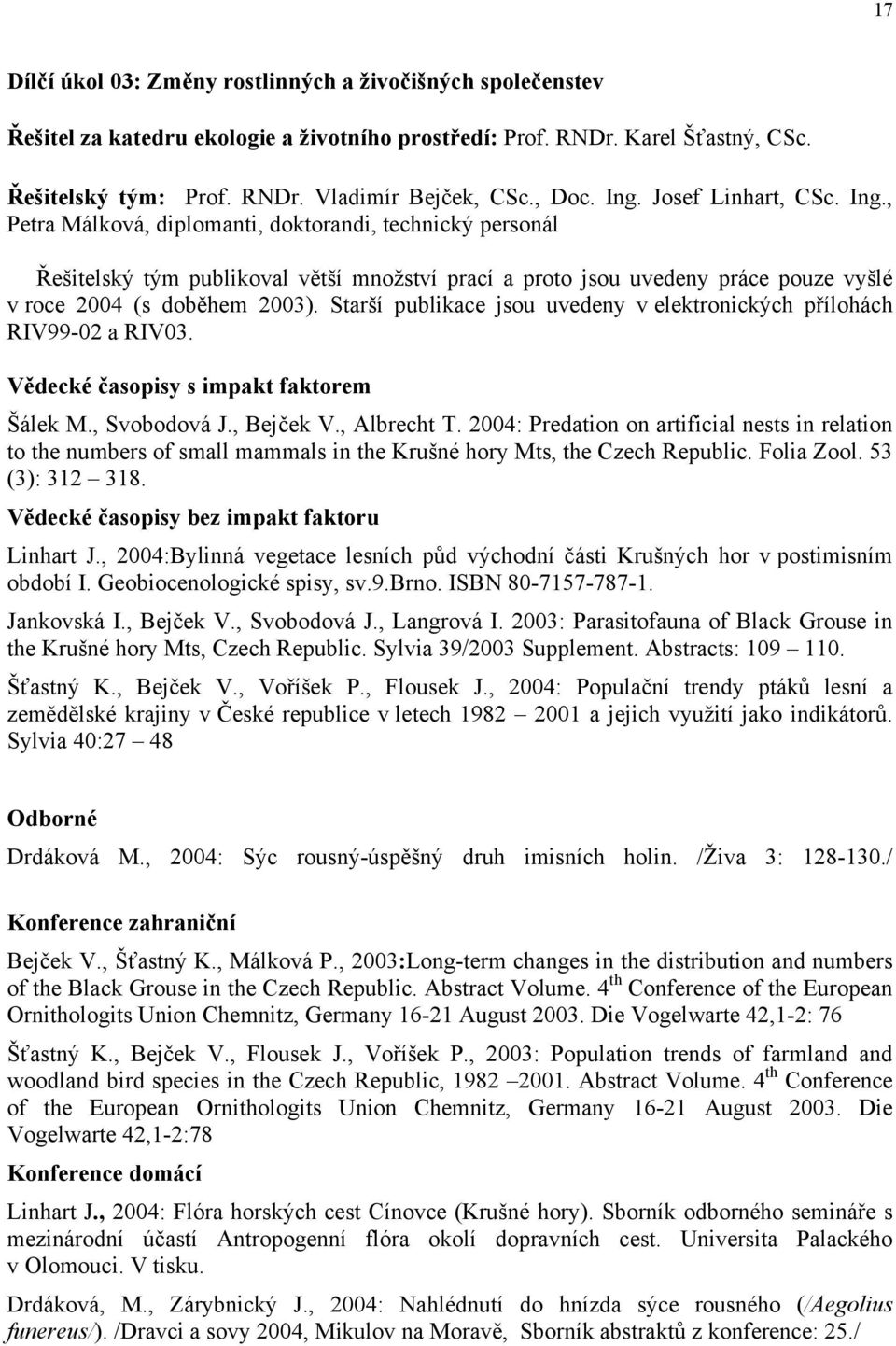 Starší publikace jsou uvedeny v elektronických přílohách RIV99-02 a RIV03. Vědecké časopisy s impakt faktorem Šálek M., Svobodová J., Bejček V., Albrecht T.