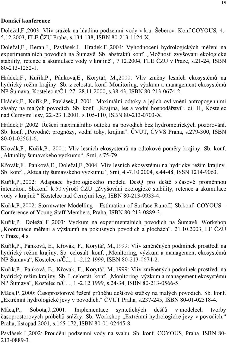 2004, FLE ČZU v Praze, s.21-24, ISBN 80-213-1252-1. Hrádek,F., Kuřík,P., Pánková,E., Korytář, M.,2000: Vliv změny lesních ekosystémů na hydrický režim krajiny. Sb. z celostát. konf.