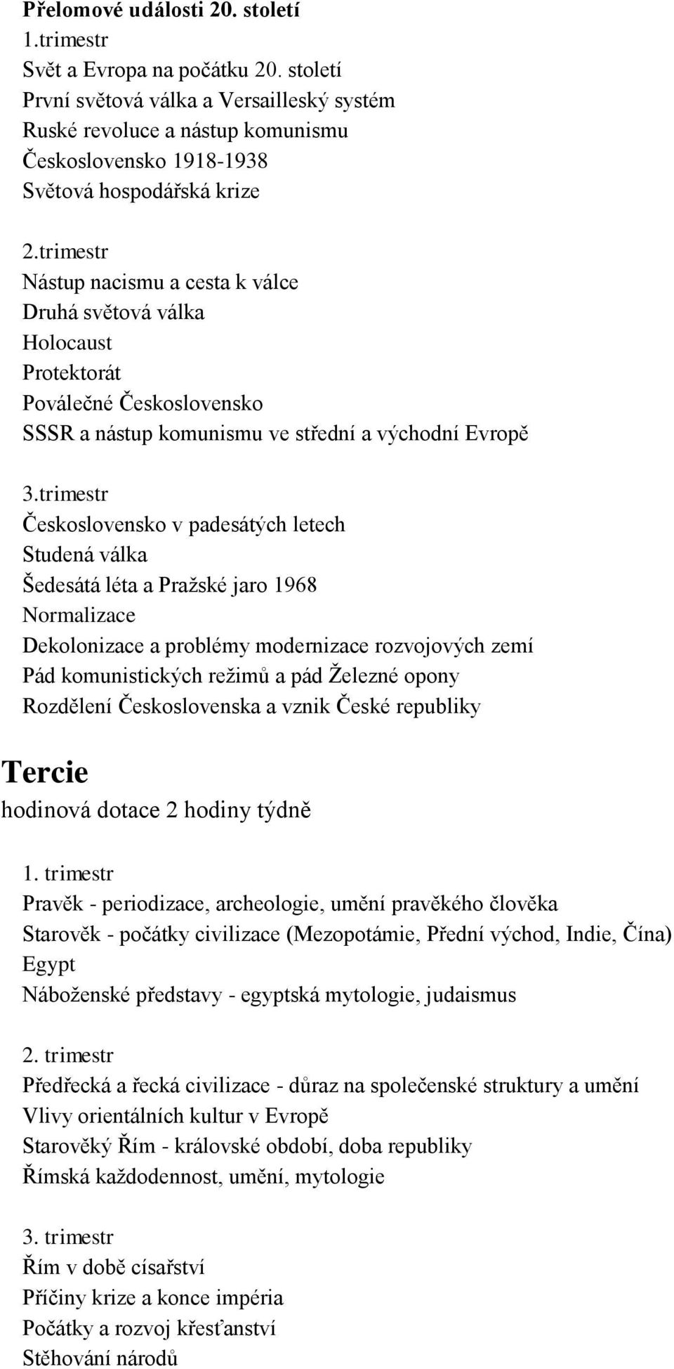 Protektorát Poválečné Československo SSSR a nástup komunismu ve střední a východní Evropě Československo v padesátých letech Studená válka Šedesátá léta a Pražské jaro 1968 Normalizace Dekolonizace a