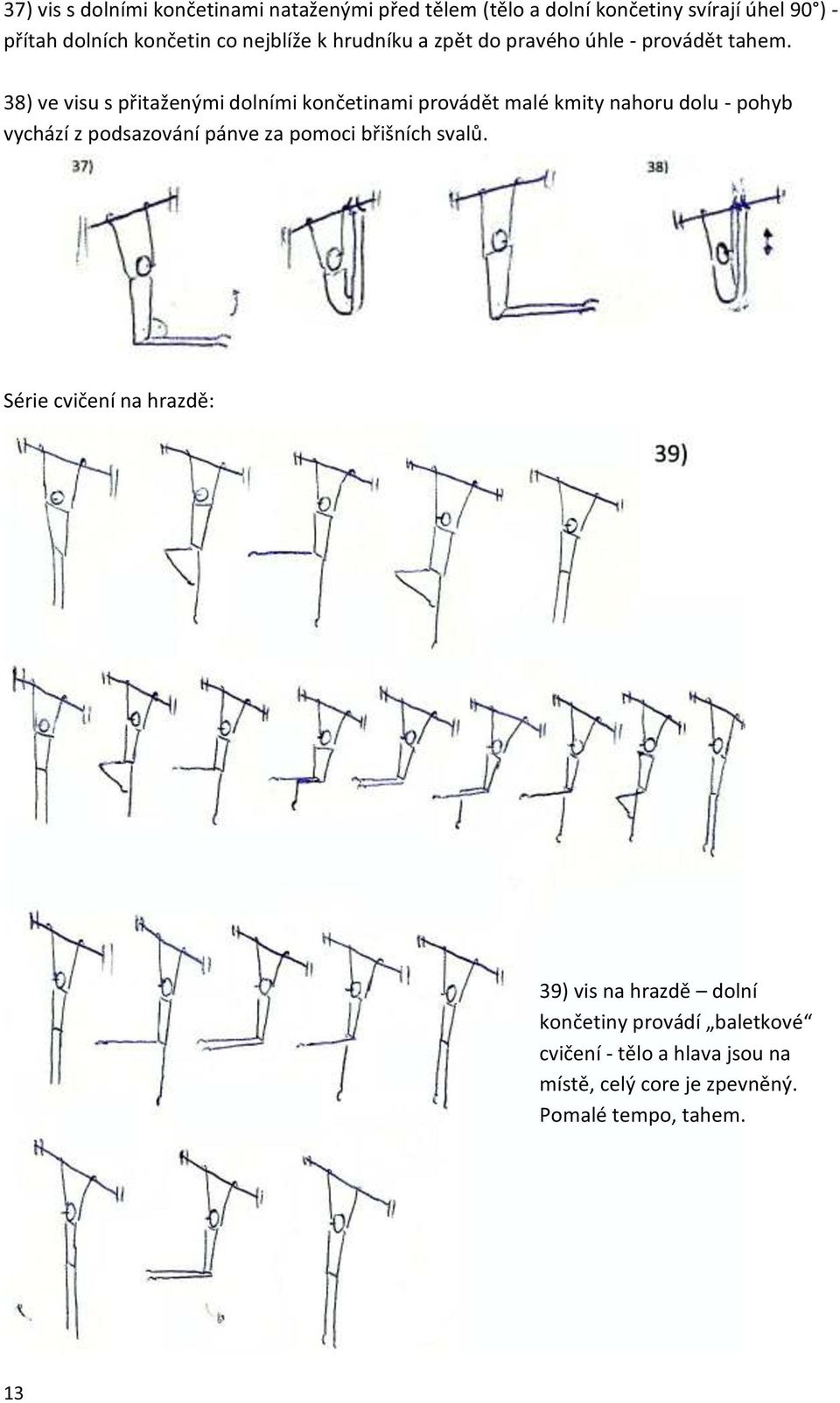 38) ve visu s přitaženými dolními končetinami provádět malé kmity nahoru dolu - pohyb vychází z podsazování pánve za