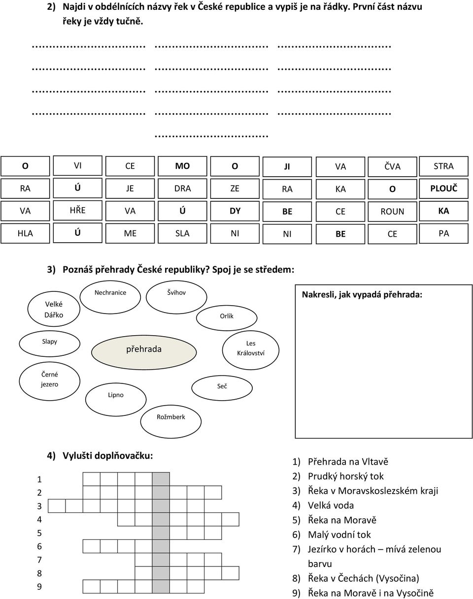 Spoj je se středem: Velké Dářko Nechranice Švihov rlík Nakresli, jak vypadá přehrada: Slapy přehrada Les Království Černé jezero Lipno Seč Rožmberk 9 )