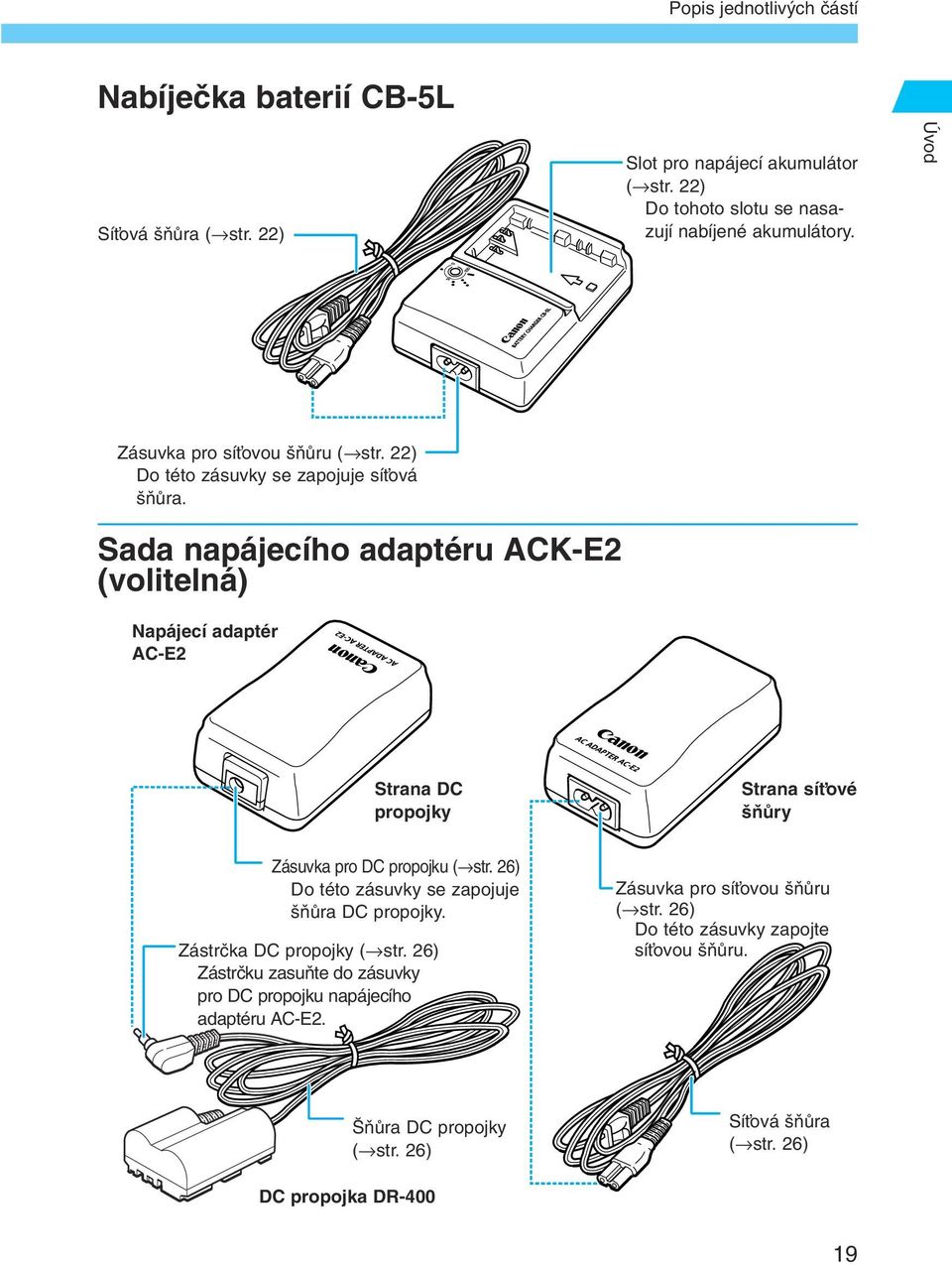 Sada napájecího adaptéru ACK-E2 (volitelná) Napájecí adaptér AC-E2 Strana DC propojky Strana síèové ÀÛry Zásuvka pro DC propojku ( str.