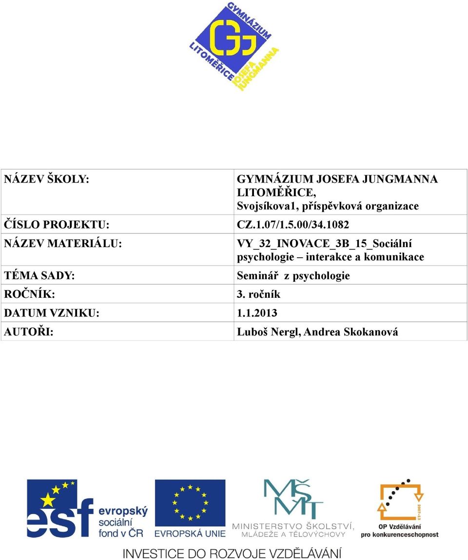 1082 NÁZEV MATERIÁLU: VY_32_INOVACE_3B_15_Sociální psychologie interakce a