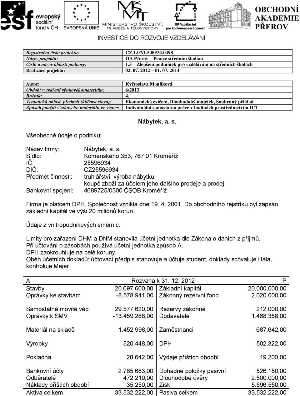 Tematická oblast, předmět (klíčová slova): Ekonomická cvičení, Dlouhodobý majetek, Souhrnný příklad Způsob použití výukového materiálu ve výuce: Individuální samostatná práce v hodinách