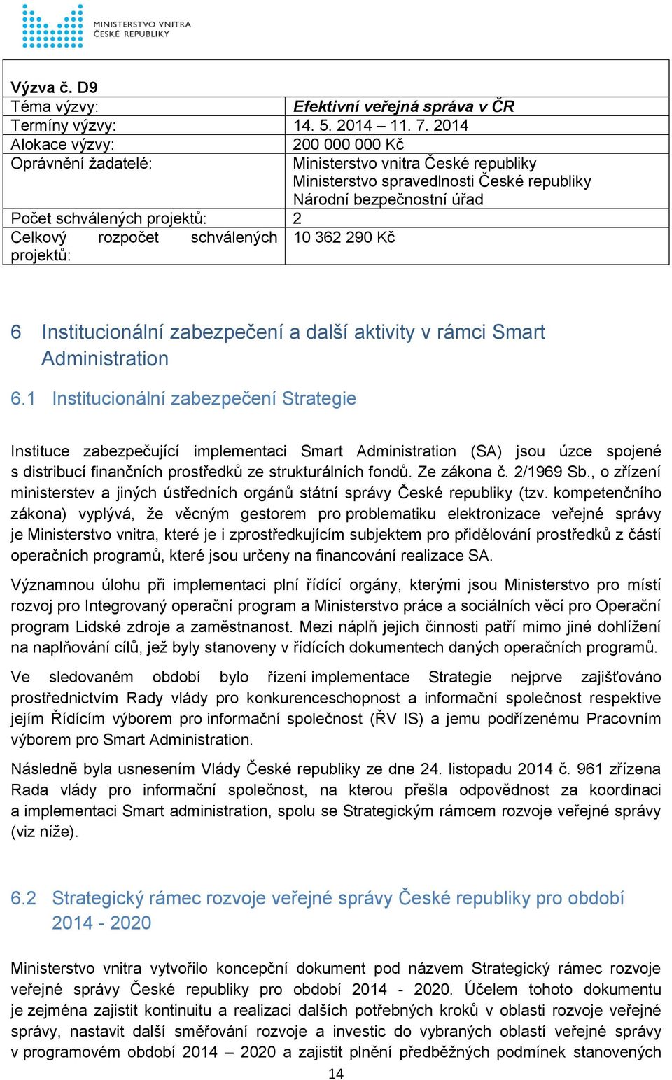 rozpočet schválených 10 362 290 Kč projektů: 6 Institucionální zabezpečení a další aktivity v rámci Smart Administration 6.