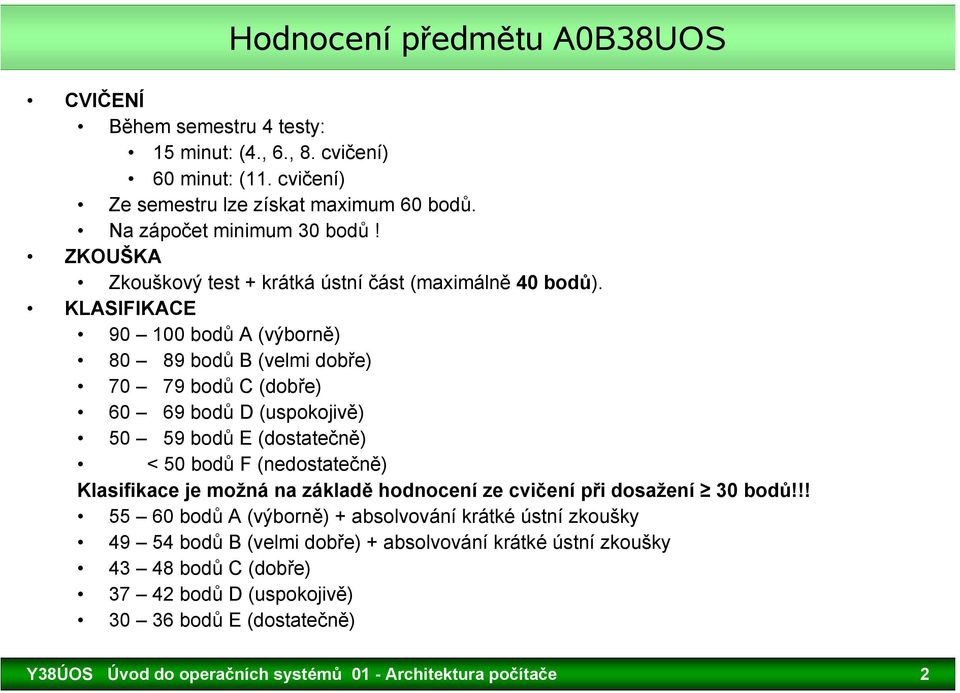 KLASIFIKACE 90 100 bodů A (výborně) 80 89 bodů B (velmi dobře) 70 79 bodů C (dobře) 60 69 bodů D (uspokojivě) 50 59 bodů E (dostatečně) < 50 bodů F (nedostatečně) Klasifikace je možná