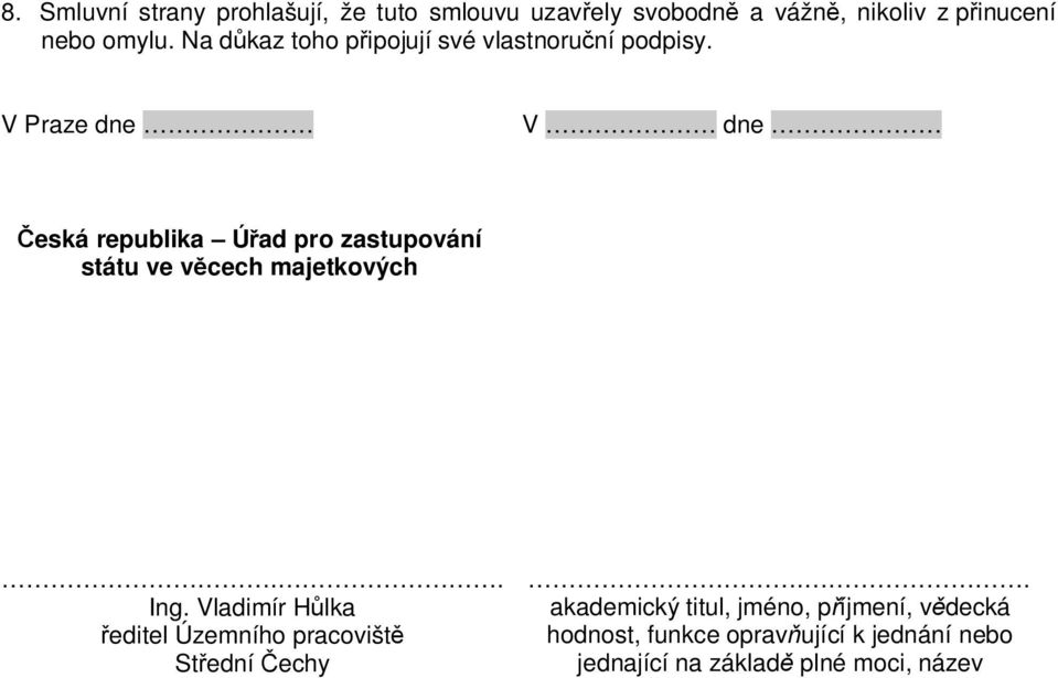 V Praze dne V dne eská republika Ú ad pro zastupování státu ve v cech majetkových.... Ing.