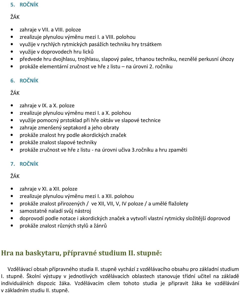 polohou využije v rychlých rytmických pasážích techniku hry trsátkem využije v doprovodech hru licků předvede hru dvojhlasu, trojhlasu, slapový palec, trhanou techniku, neznělé perkusní úhozy prokáže