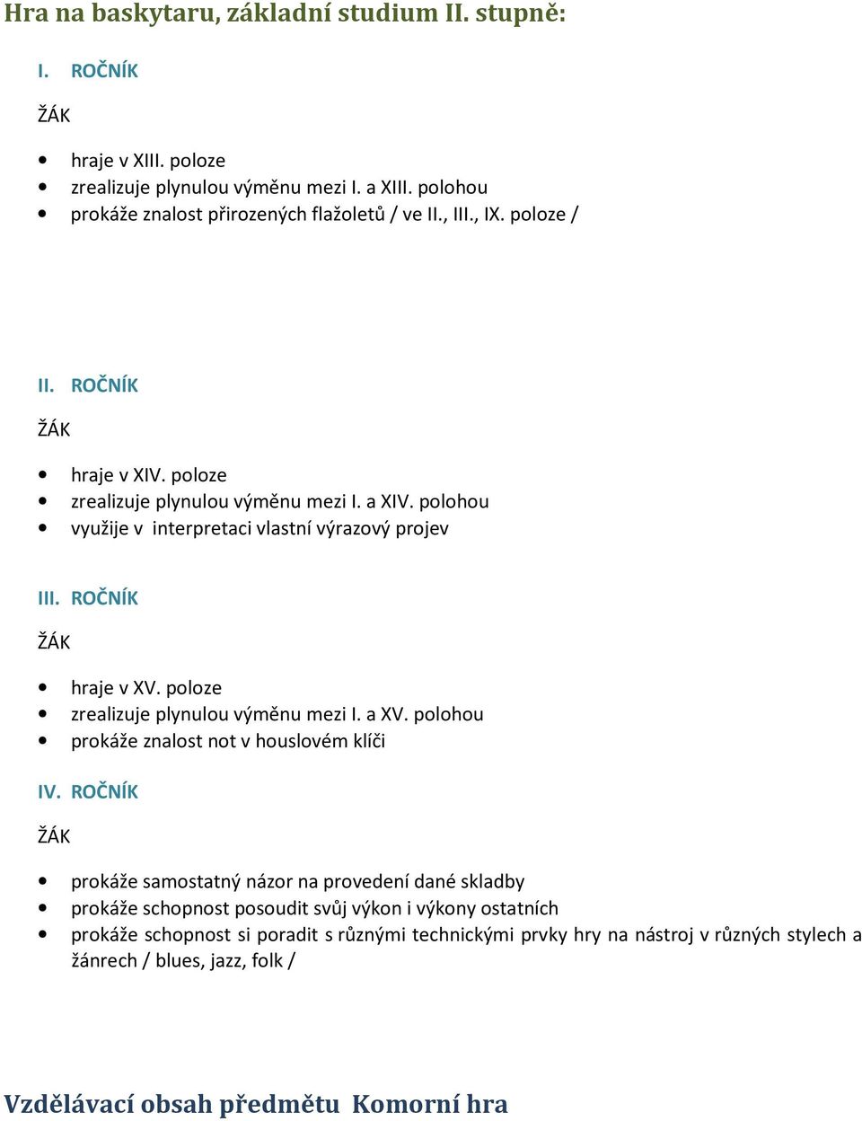 poloze zrealizuje plynulou výměnu mezi I. a XV. polohou prokáže znalost not v houslovém klíči IV.