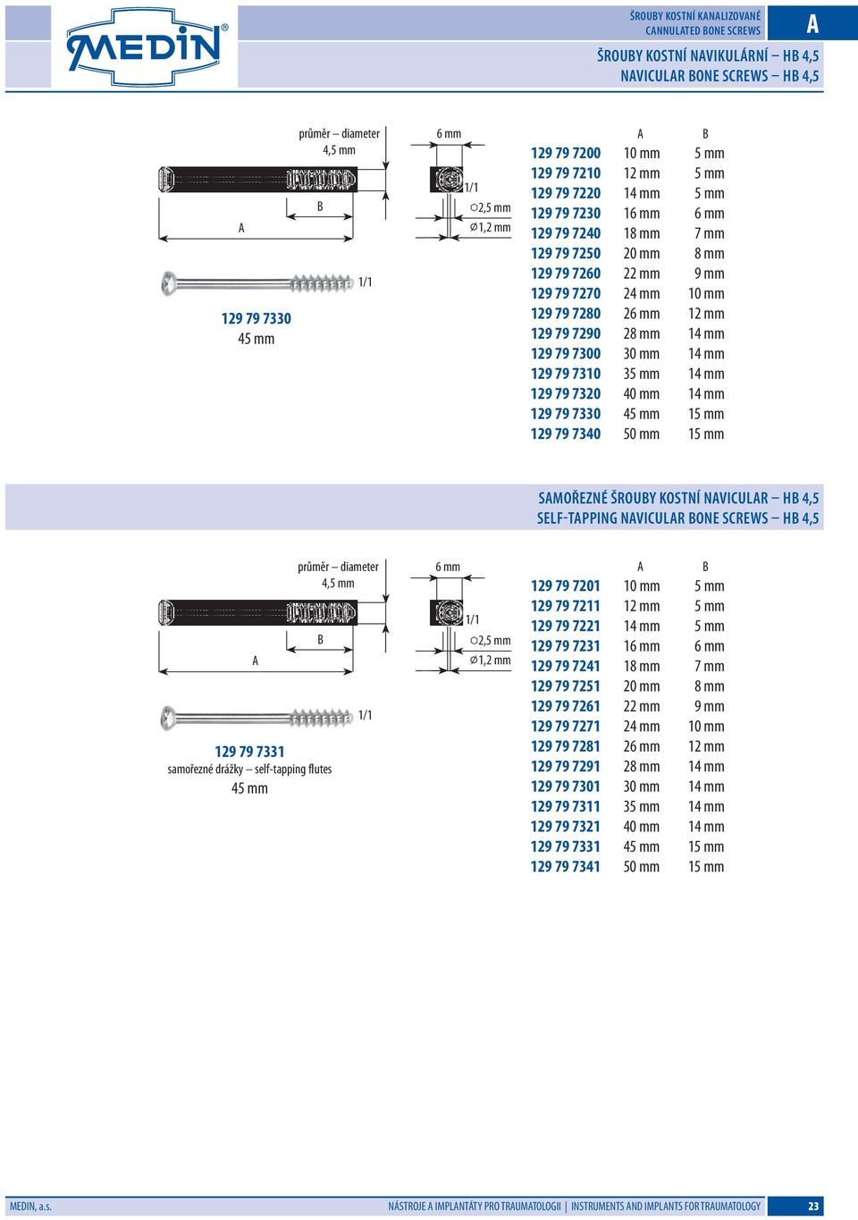 30 mm 14 mm 129 79 7310 35 mm 14 mm 129 79 7320 40 mm 14 mm 129 79 7330 45 mm 15 mm 129 79 7340 50 mm 15 mm Samořezné šrouby kostní navicular H 4,5 Self-tapping Navicular one Screws H 4,5 129 79 7331