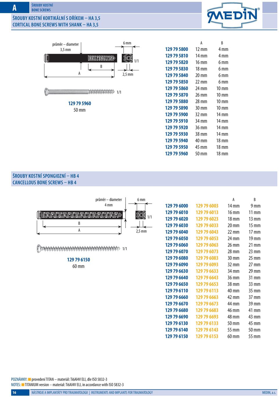 129 79 5910 34 mm 14 mm 129 79 5920 36 mm 14 mm 129 79 5930 38 mm 14 mm 129 79 5940 40 mm 18 mm 129 79 5950 45 mm 18 mm 129 79 5960 50 mm 18 mm Šrouby kostní spongiozní H 4 Cancellous one Screws H 4