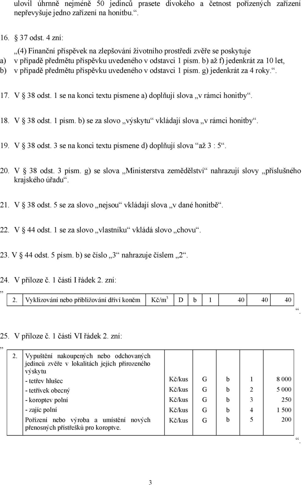 b) až f) jedenkrát za 10 let, b) v případě předmětu příspěvku uvedeného v odstavci 1 písm. g) jedenkrát za 4 roky.. 17. V 38 odst. 1 se na konci textu písmene a) doplňují slova v rámci honitby. 18.