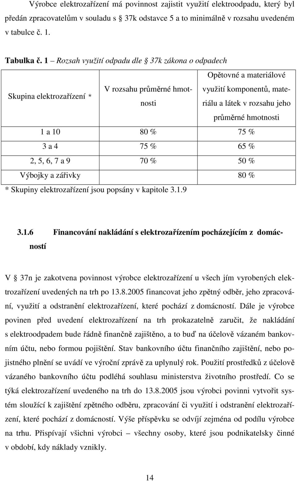 1 a 10 80 % 75 % 3 a 4 75 % 65 % 2, 5, 6, 7 a 9 70 % 50 % Výbojky a zářivky 80 % * Skupiny elektrozařízení jsou popsány v kapitole 3.1.9 3.1.6 Financování nakládání s elektrozařízením pocházejícím z domácností V 37n je zakotvena povinnost výrobce elektrozařízení u všech jím vyrobených elektrozařízení uvedených na trh po 13.