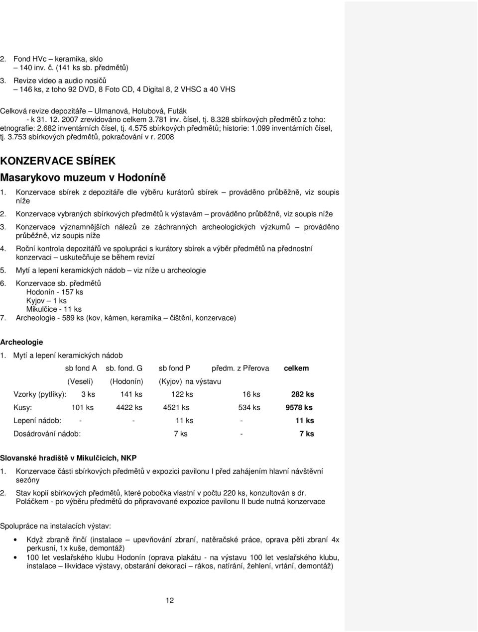 8.328 sbírkových předmětů z toho: etnografie: 2.682 inventárních čísel, tj. 4.575 sbírkových předmětů; historie: 1.099 inventárních čísel, tj. 3.753 sbírkových předmětů, pokračování v r.