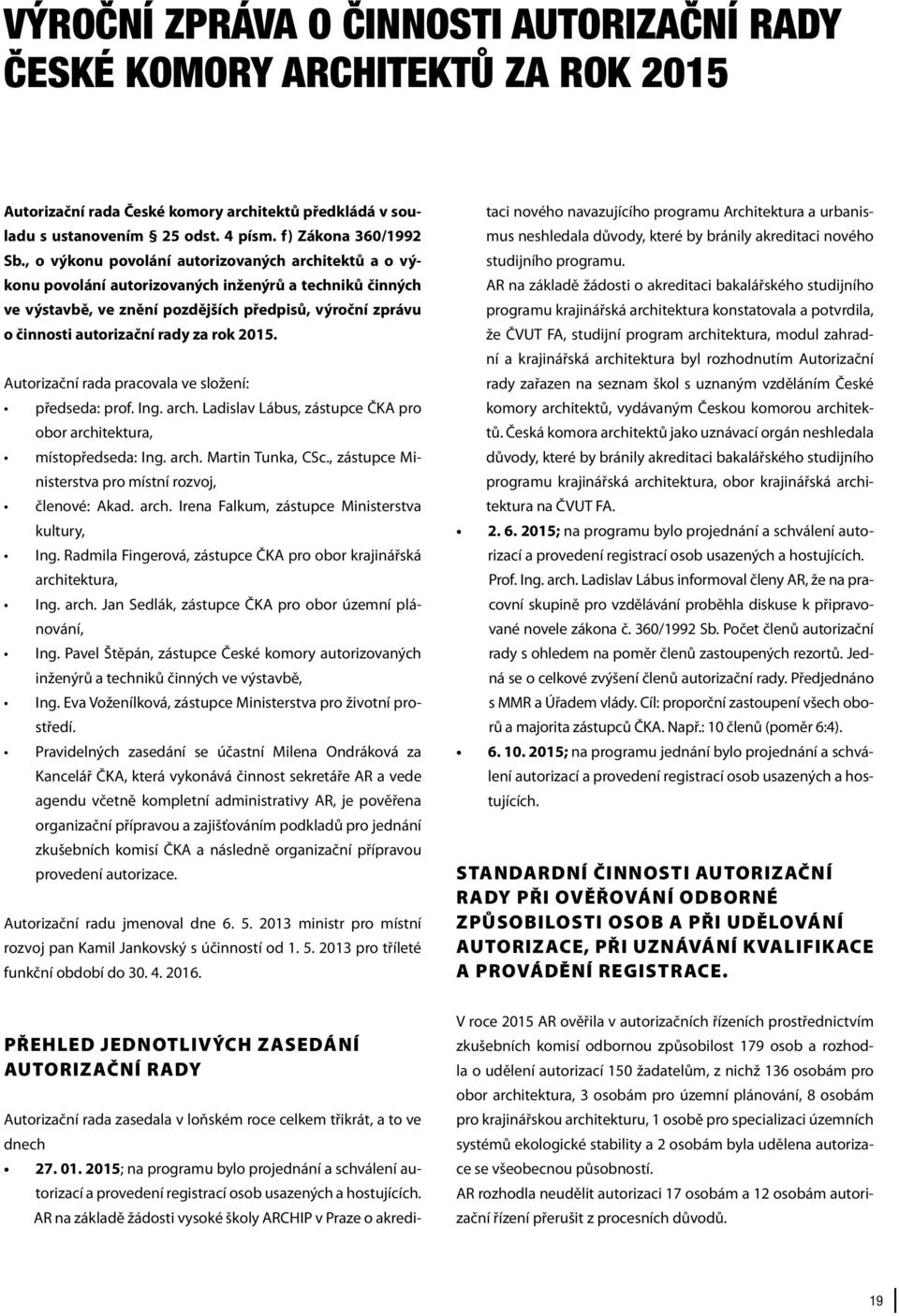 rok 2015. Autorizační rada pracovala ve složení: předseda: prof. Ing. arch. Ladislav Lábus, zástupce ČKA pro obor architektura, místopředseda: Ing. arch. Martin Tunka, CSc.