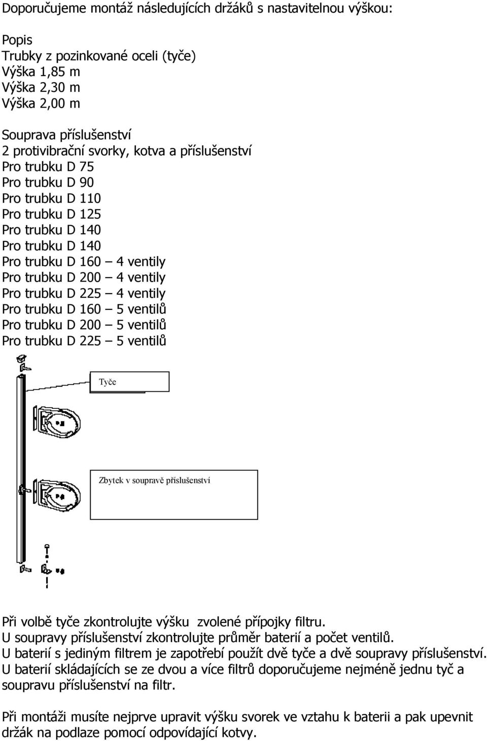 trubku D 160 5 ventilů Pro trubku D 200 5 ventilů Pro trubku D 225 5 ventilů Tyče Zbytek v soupravě příslušenství Při volbě tyče zkontrolujte výšku zvolené přípojky filtru.