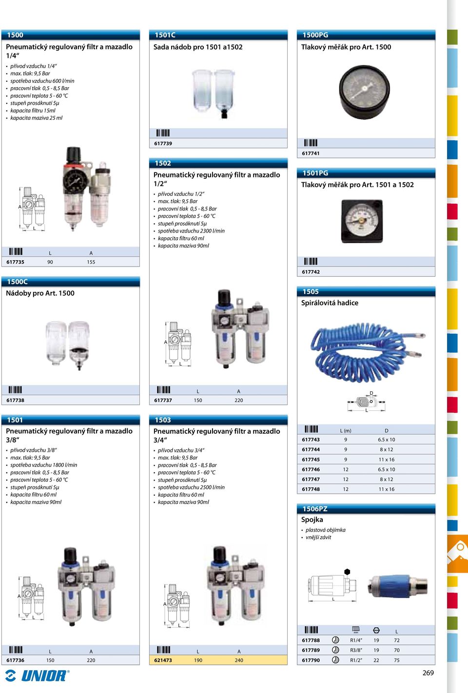 Tlakový měřák pro rt. 1500 617735 90 155 1500C Nádoby pro rt. 1500 617739 1502 Pneumatický regulovaný filtr a mazadlo 1/2 přívod vzduchu 1/2 max.
