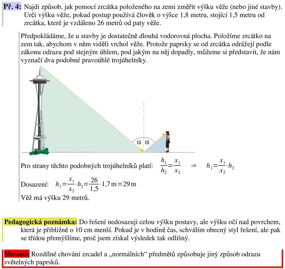 oložíme zrcátko na zem tak, abychom v něm viděli vrchol věže.