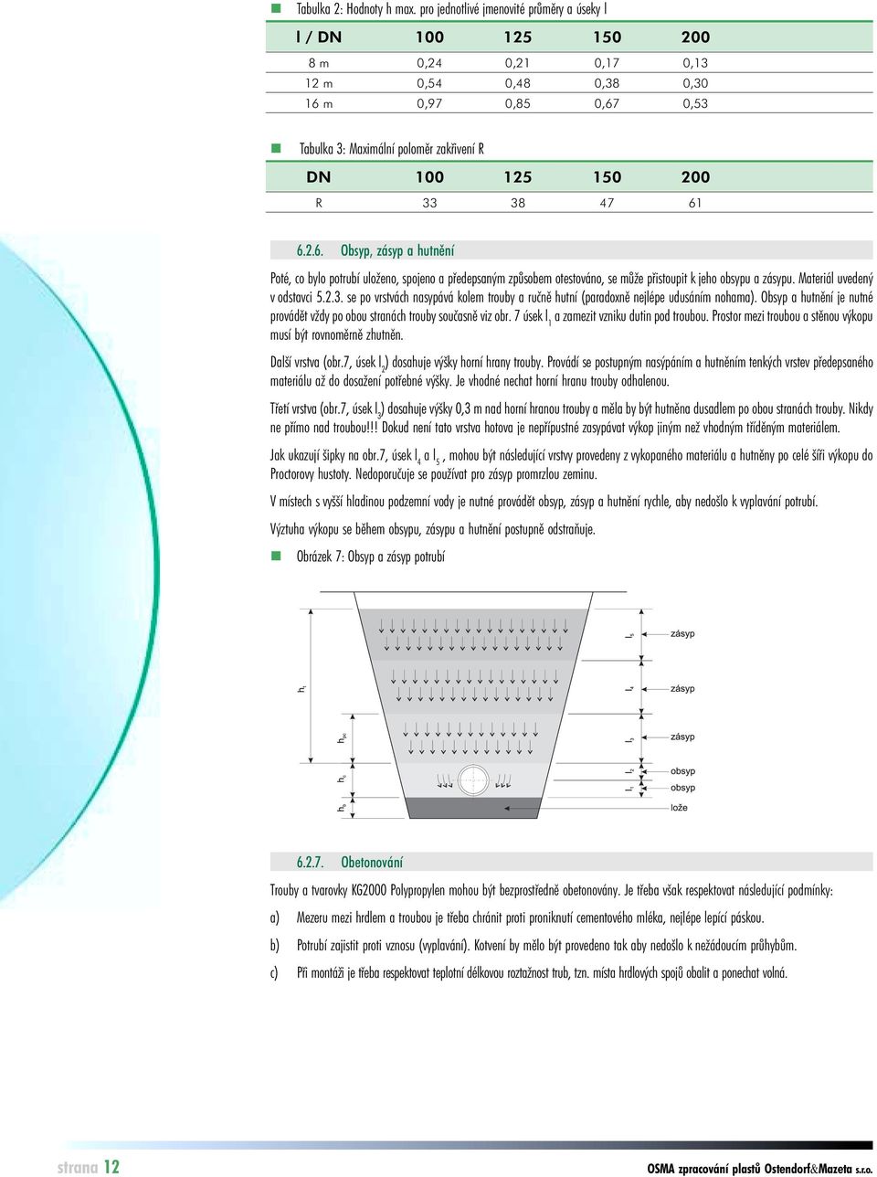 200 R 33 38 47 61 6.2.6. Obsyp, zásyp a hutnění Poté, co bylo potrubí uloženo, spojeno a předepsaným způsobem otestováno, se může přistoupit k jeho obsypu a zásypu. Materiál uvedený v odstavci 5.2.3. se po vrstvách nasypává kolem trouby a ručně hutní (paradoxně nejlépe udusáním nohama).