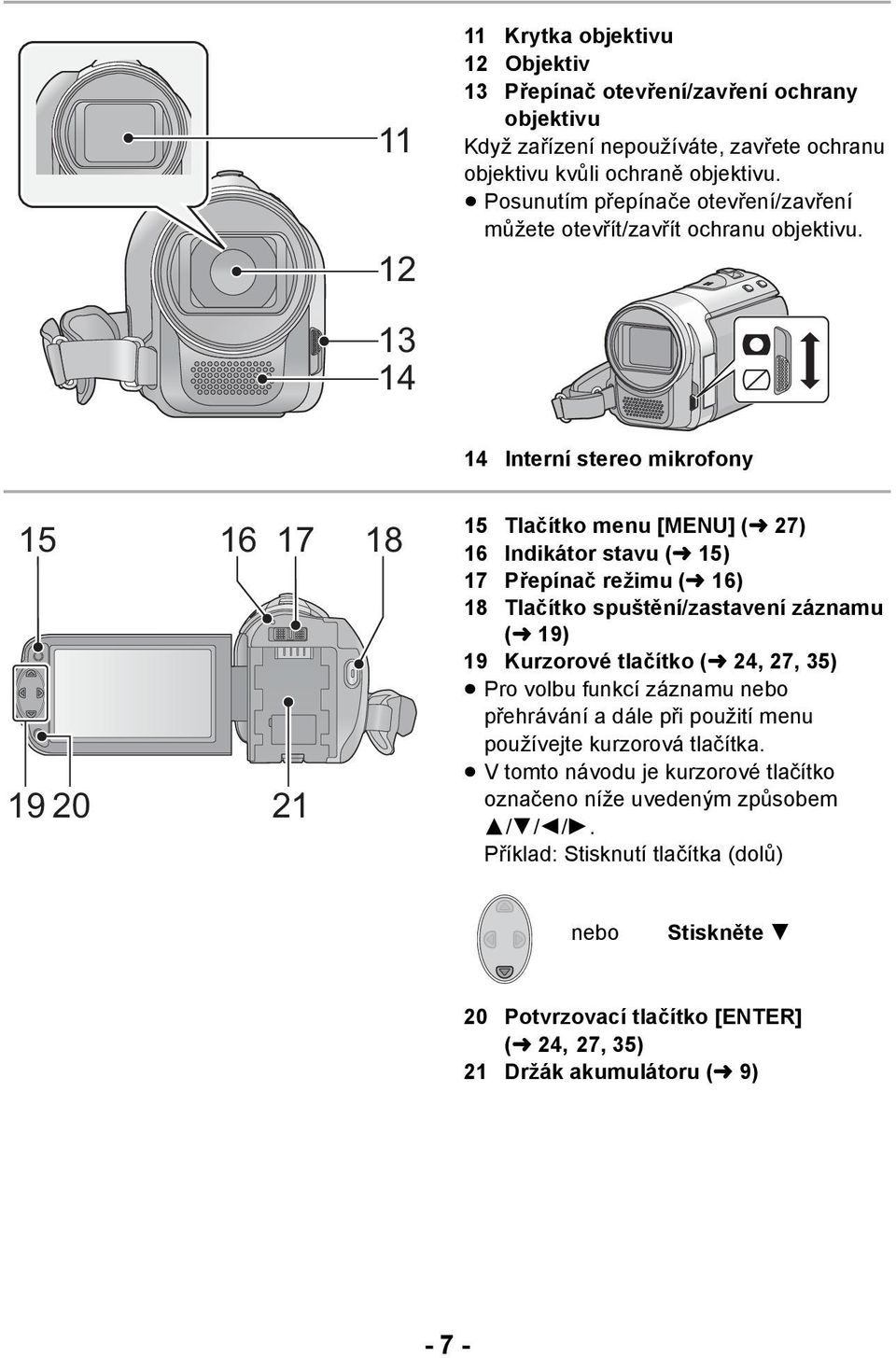 13 14 14 Interní stereo mikrofony 15 16 17 18 19 20 21 15 Tlačítko menu [MENU] (l 27) 16 Indikátor stavu (l 15) 17 Přepínač režimu (l 16) 18 Tlačítko spuštění/zastavení záznamu (l 19) 19