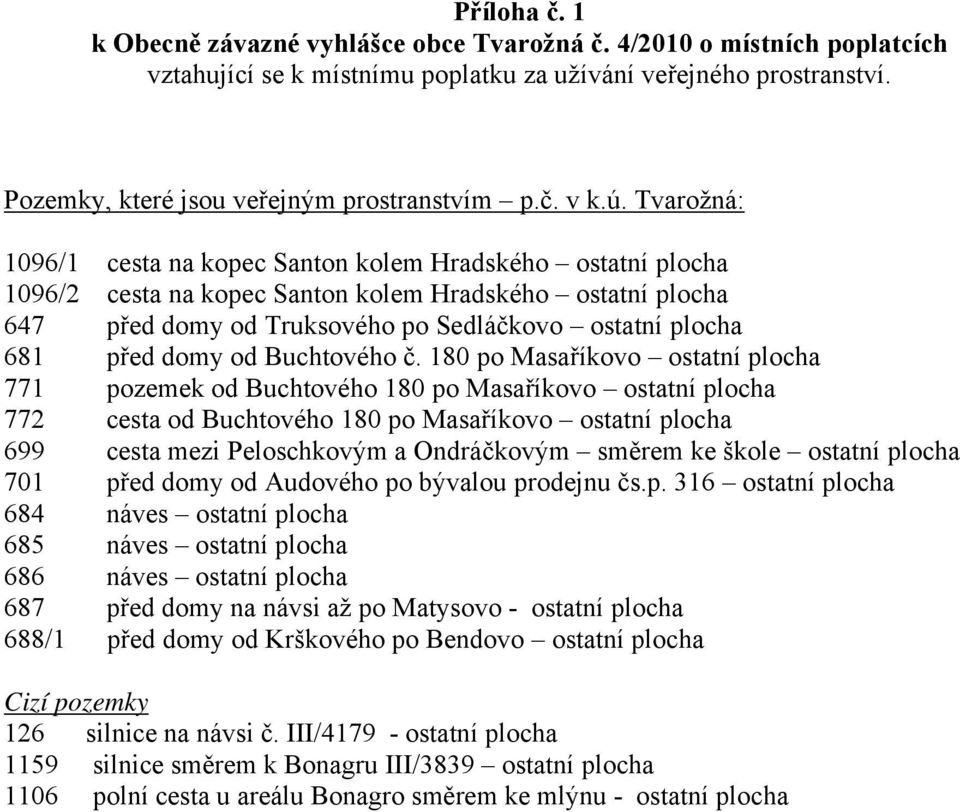 Tvarožná: 1096/1 cesta na kopec Santon kolem Hradského ostatní plocha 1096/2 cesta na kopec Santon kolem Hradského ostatní plocha 647 před domy od Truksového po Sedláčkovo ostatní plocha 681 před