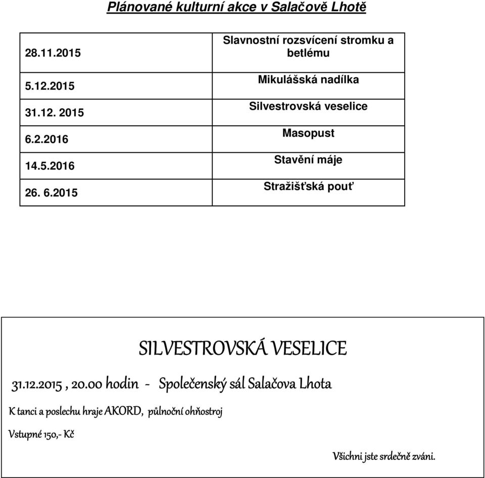 2015 Slavnostní rozsvícení stromku a betlému Mikulášská nadílka Silvestrovská veselice Masopust