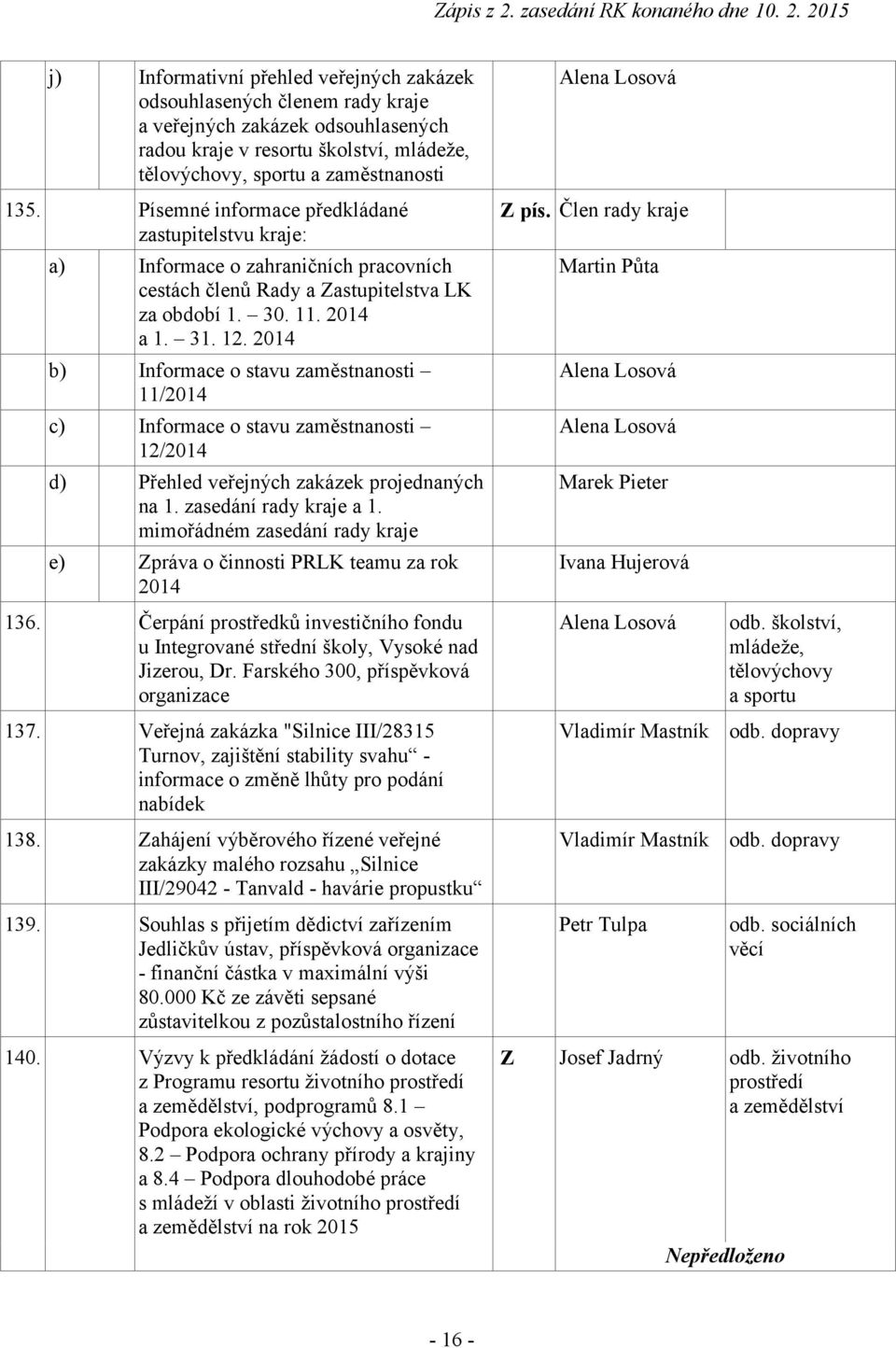 4 a. 3. 2. 204 b) Informace o stavu zaměstnanosti /204 c) Informace o stavu zaměstnanosti 2/204 d) Přehled veřejných zakázek projednaných na. zasedání rady kraje a.