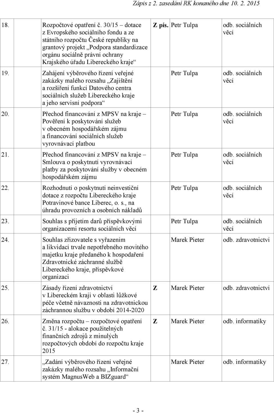 Zahájení výběrového řízení veřejné zakázky malého rozsahu Zajištění a rozšíření funkcí Datového centra sociálních služeb Libereckého kraje a jeho servisní podpora 20.