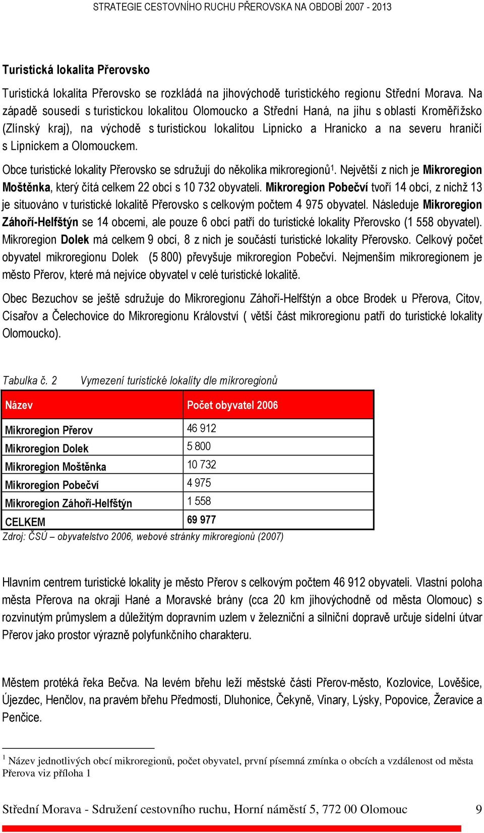 Lipnickem a Olomouckem. Obce turistické lokality Přerovsko se sdružují do několika mikroregionů 1. Největší z nich je Mikroregion Moštěnka, který čítá celkem 22 obcí s 10 732 obyvateli.