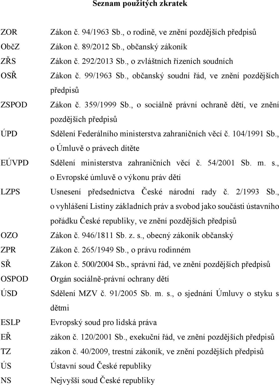 , o sociálně právní ochraně dětí, ve znění pozdějších předpisů Sdělení Federálního ministerstva zahraničních věcí č. 104/1991 Sb., o Úmluvě o právech dítěte Sdělení ministerstva zahraničních věcí č.