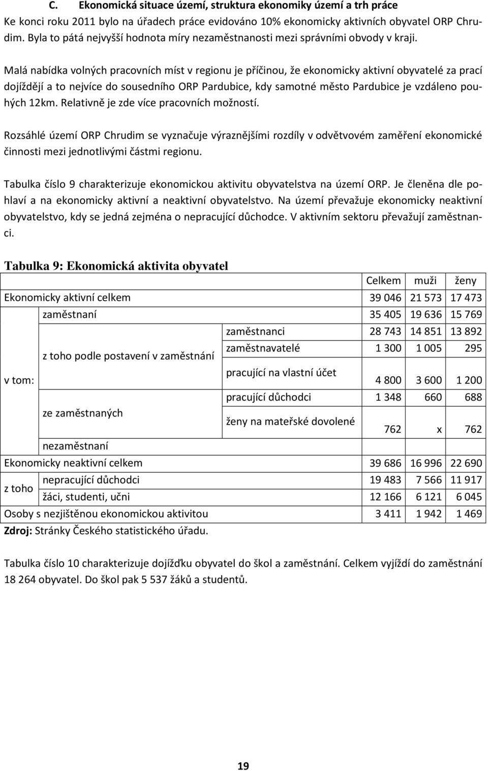 Malá nabídka volných pracovních míst v regionu je příčinou, že ekonomicky aktivní obyvatelé za prací dojíždějí a to nejvíce do sousedního ORP Pardubice, kdy samotné město Pardubice je vzdáleno