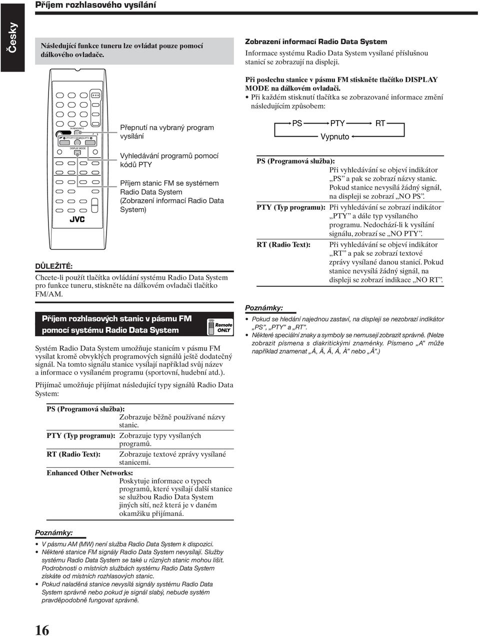 TA/NEWS/INFO PTY-PTY SEARCH-PTY REW FF REC PAUSE DISPLAY MODE CD-DISC Přepnutí na vybraný program vysílání Vyhledávání programů pomocí kódů PTY Příjem stanic FM se systémem Radio Data System