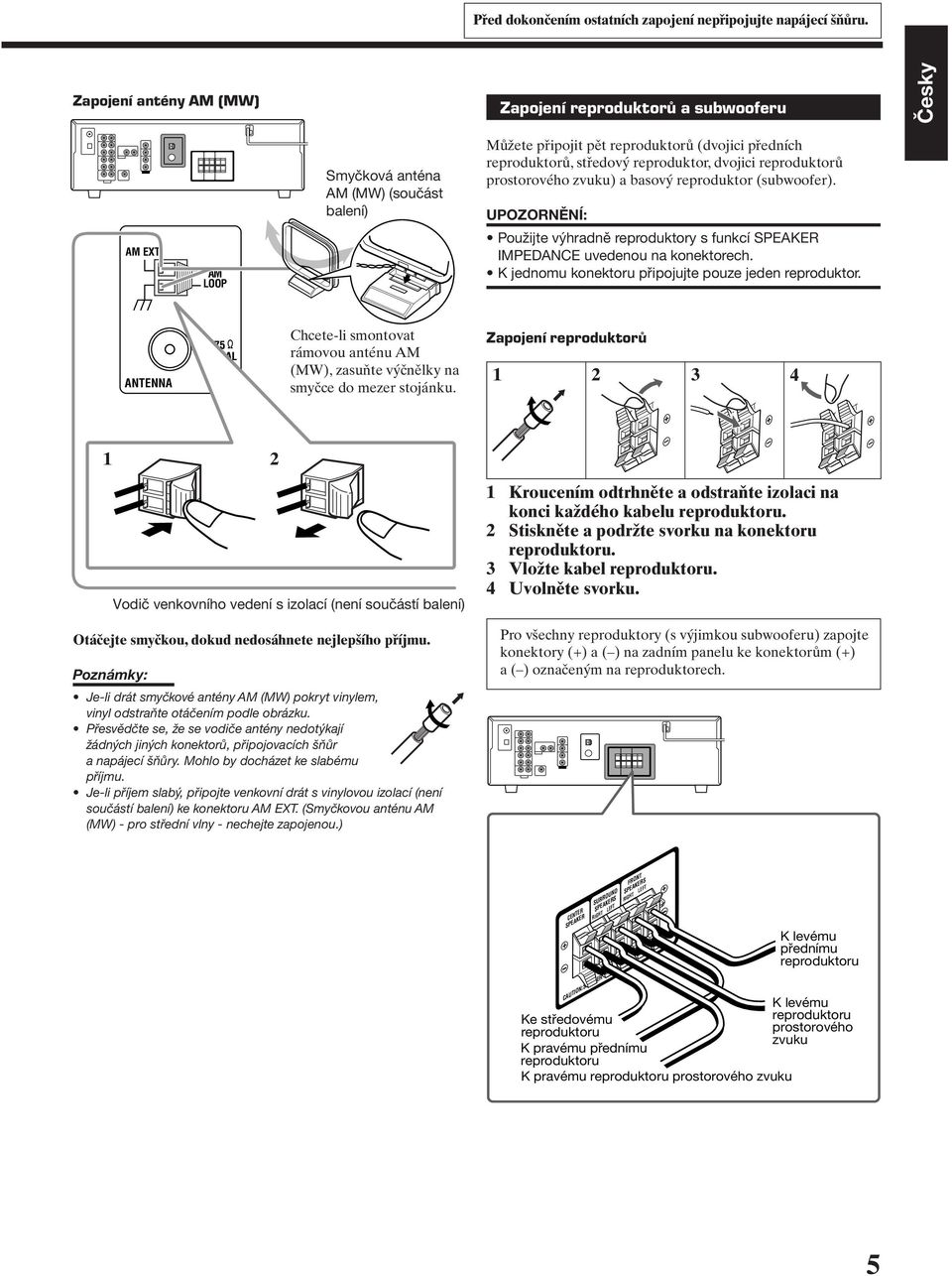 reproduktor, dvojici reproduktorů prostorového zvuku) a basový reproduktor (subwoofer). UPOZORNĚNÍ: Použijte výhradně reproduktory s funkcí SPEAKER IMPEDANCE uvedenou na konektorech.